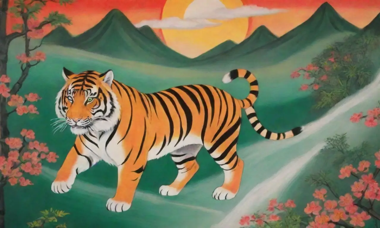 Un majestuoso tigre con rayas naranjas y negras, rodeado de nubes y montañas, simboliza fuerza y protección