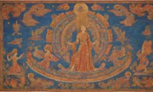 Colores vibrantes y símbolos antiguos crean una escena rica en mitología y cultura