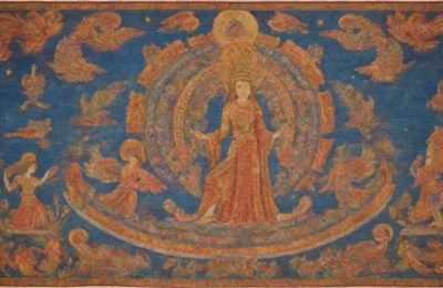 Colores vibrantes y símbolos antiguos crean una escena rica en mitología y cultura