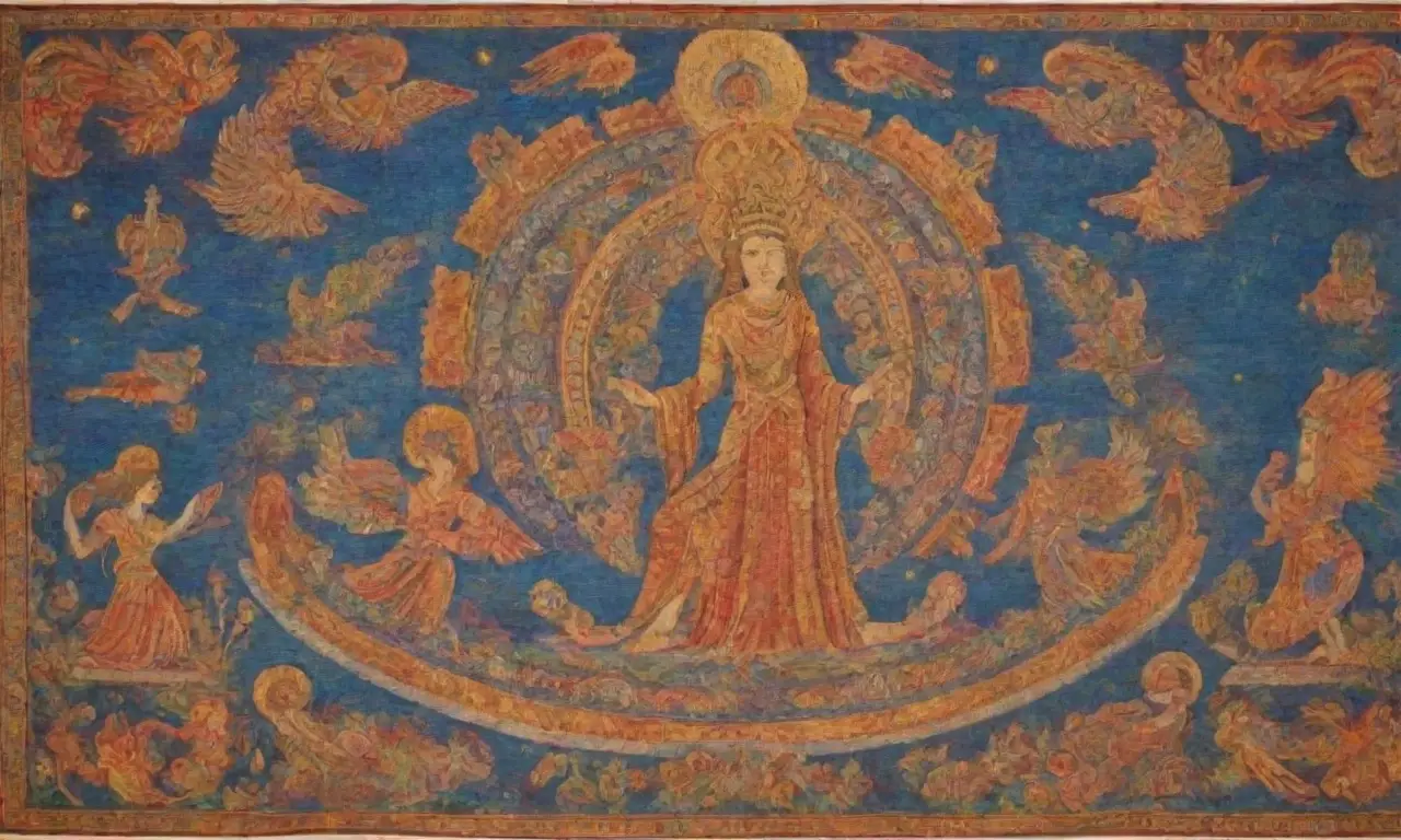 Colores vibrantes y símbolos antiguos crean una escena rica en mitología y cultura