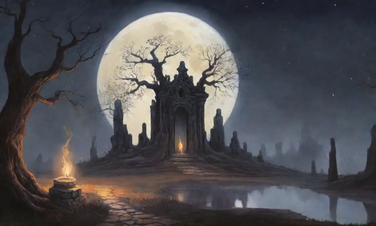 Un paisaje oscuro y místico lleno de ruinas antiguas
