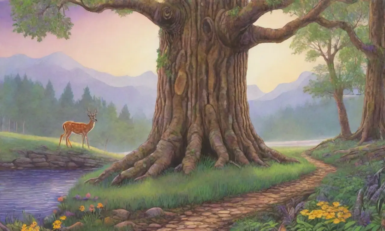 Un bosque vibrante con un ciervo majestuoso, flores silvestres, un río brillante y un cazador en armonía con la naturaleza