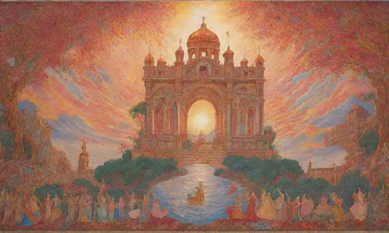 Un mural vibrante de colores y emociones entrelazadas en un paisaje de amor y mitología