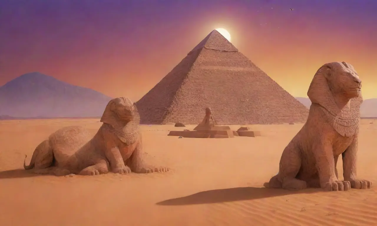 Un vasto desierto con una esfinge, pirámides, palmeras y un cielo crepuscular lleno de misterio
