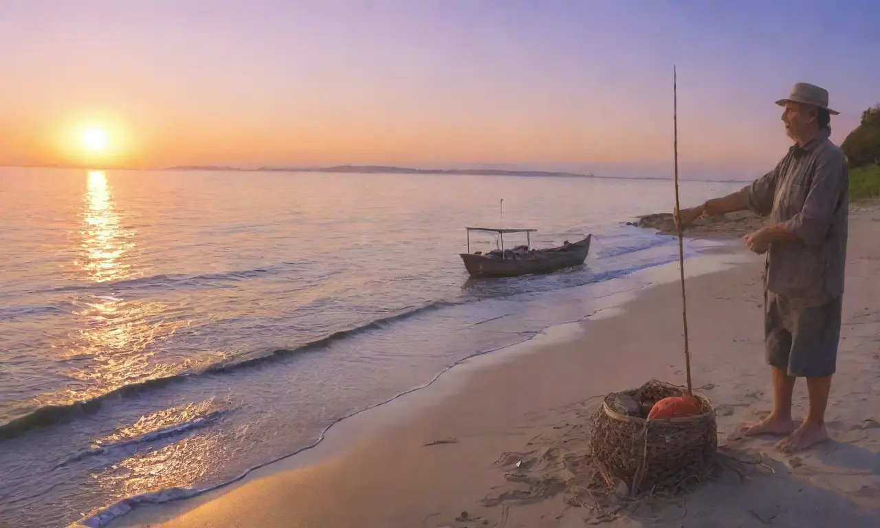 Un pescador solitario observa el horizonte al atardecer
