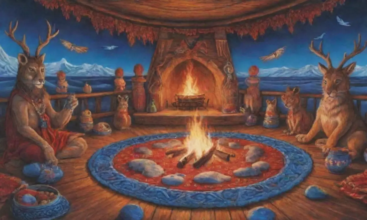 Un ambiente místico con nubes oscuras, luces parpadeantes, ofrendas y figuras espectrales