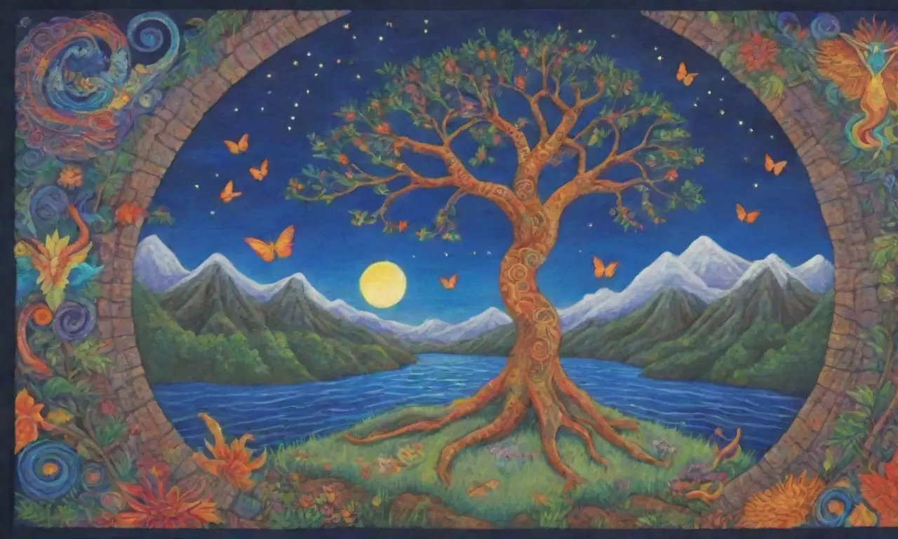 Un paisaje mágico y colorido donde la naturaleza y la mitología se entrelazan