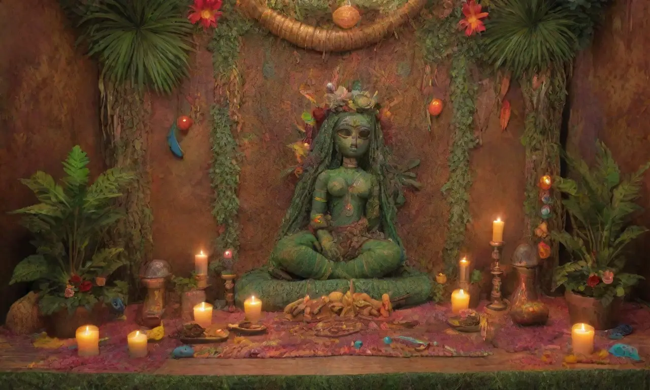 Un altar voodoo vibrante y misterioso, lleno de colores, símbolos y ofrendas