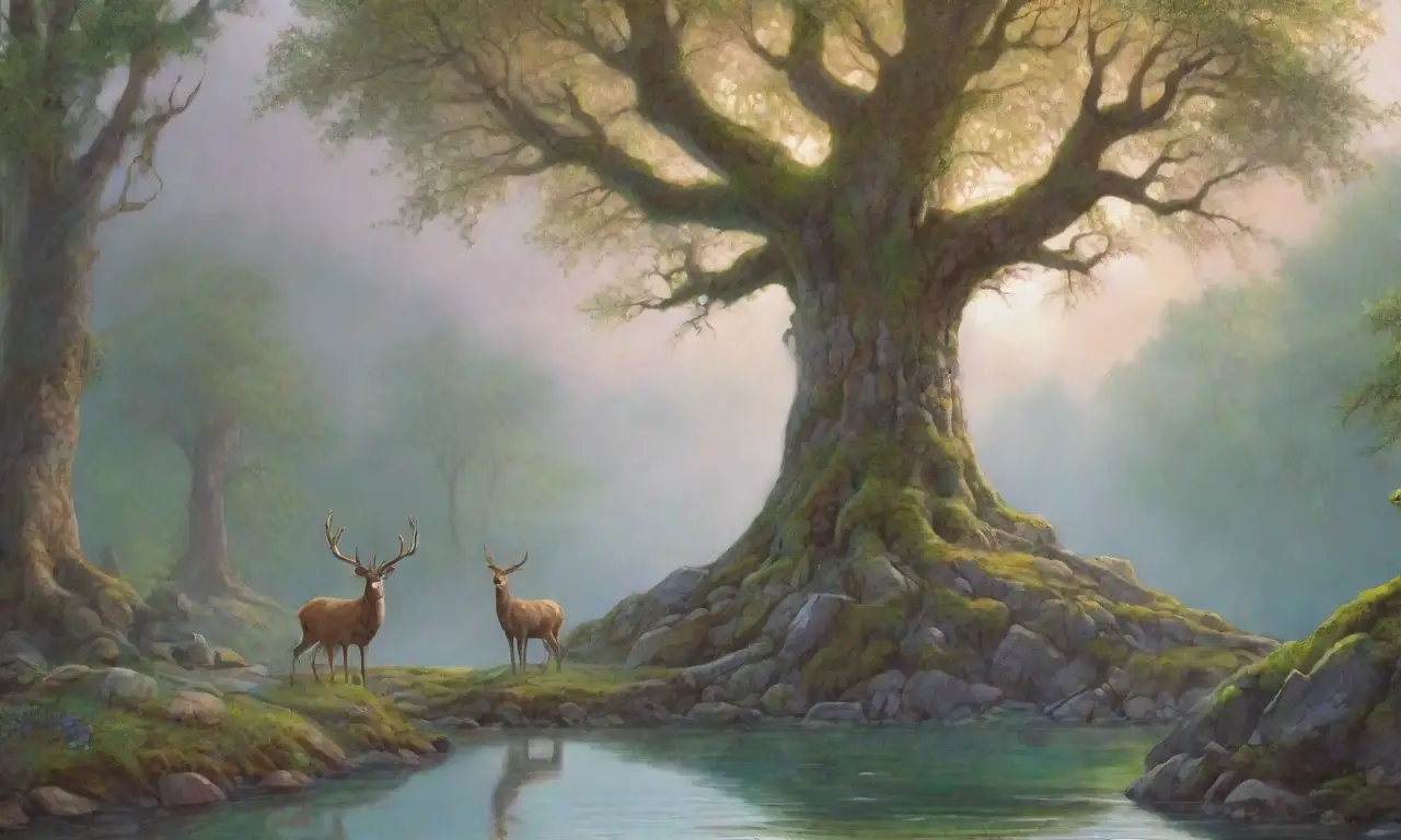 Un bosque vibrante con árboles antiguos, un altar de piedra, un ciervo majestuoso y la esencia del folclore eslavo