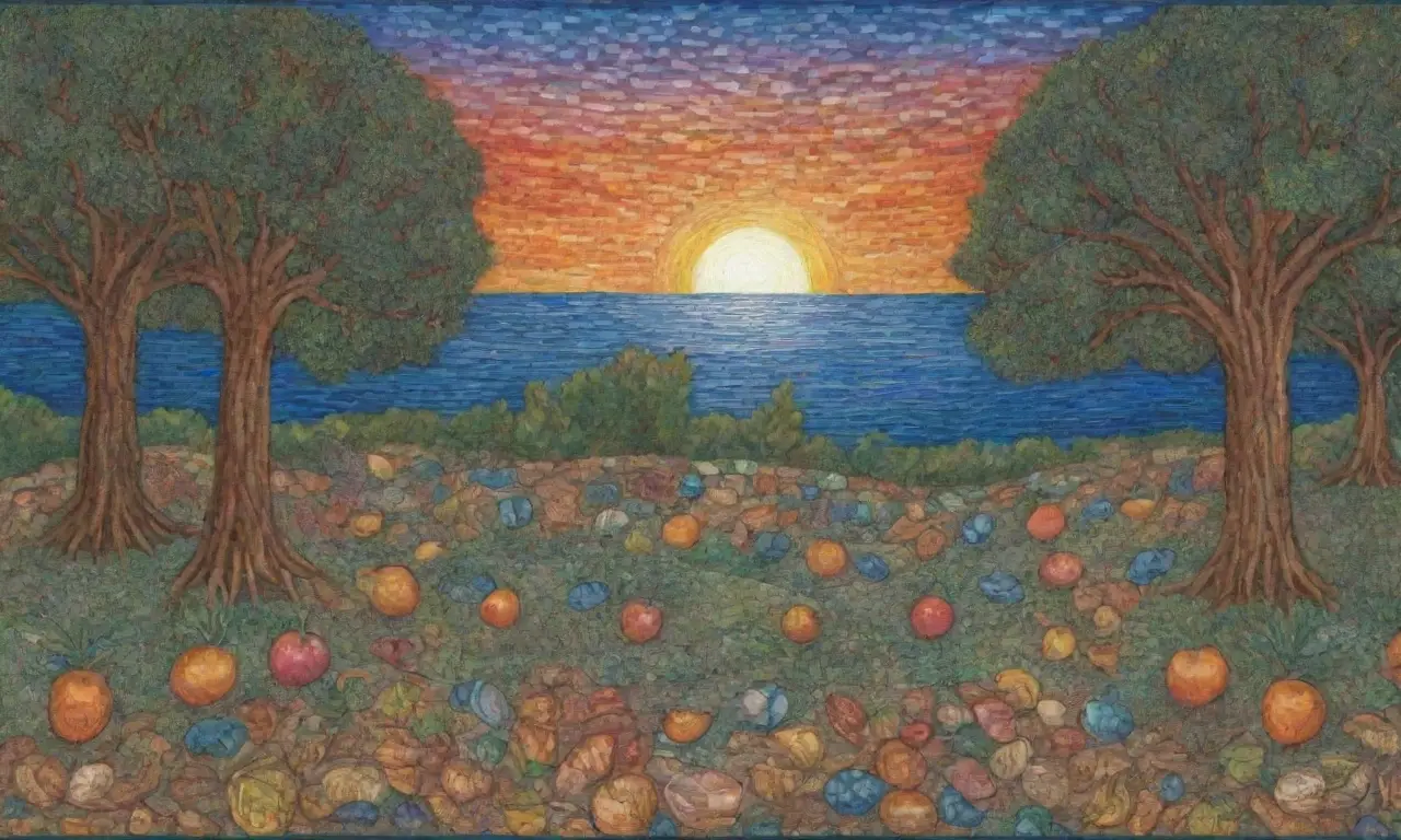 Un paisaje sereno que fusiona naturaleza y espiritualidad con colores vibrantes y elementos sagrados