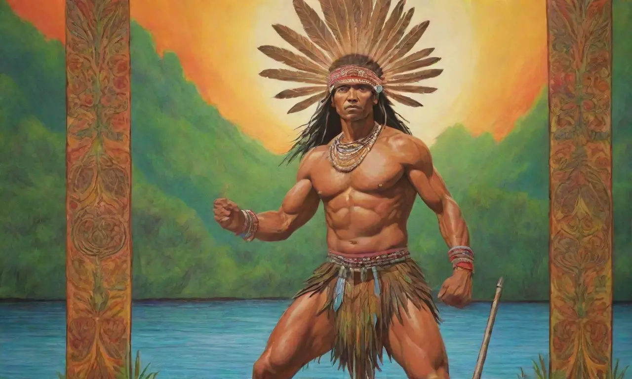 Un mural vibrante muestra a un guerrero fuerte y sabio, rodeado de naturaleza y simbolismo tribal