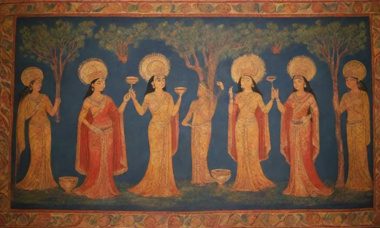 Un ambiente espiritual vibrante con frescos, música, figuras etruscas y ofrendas