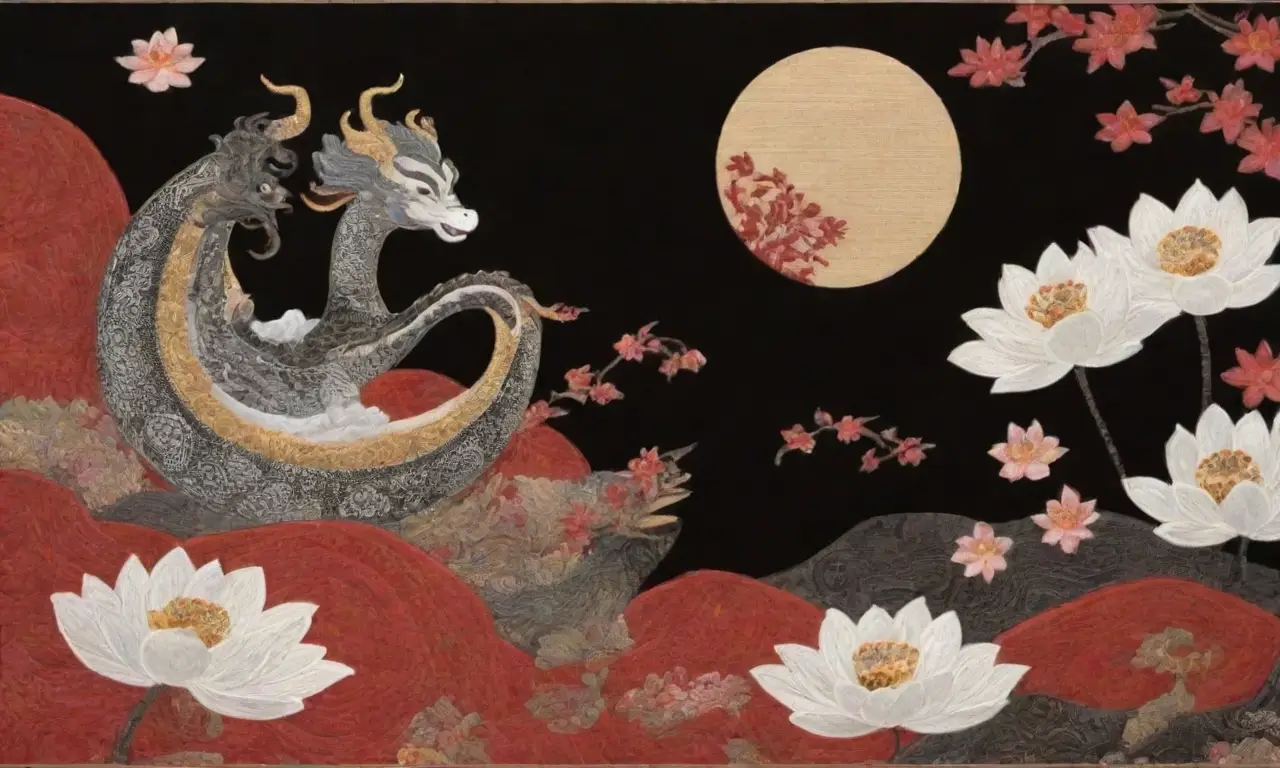 Un patrón en blanco y negro con flores de loto, dragones, seda brillante, sombras danzantes, acentos rojos y dorados, y elementos de fuerza y gracia
