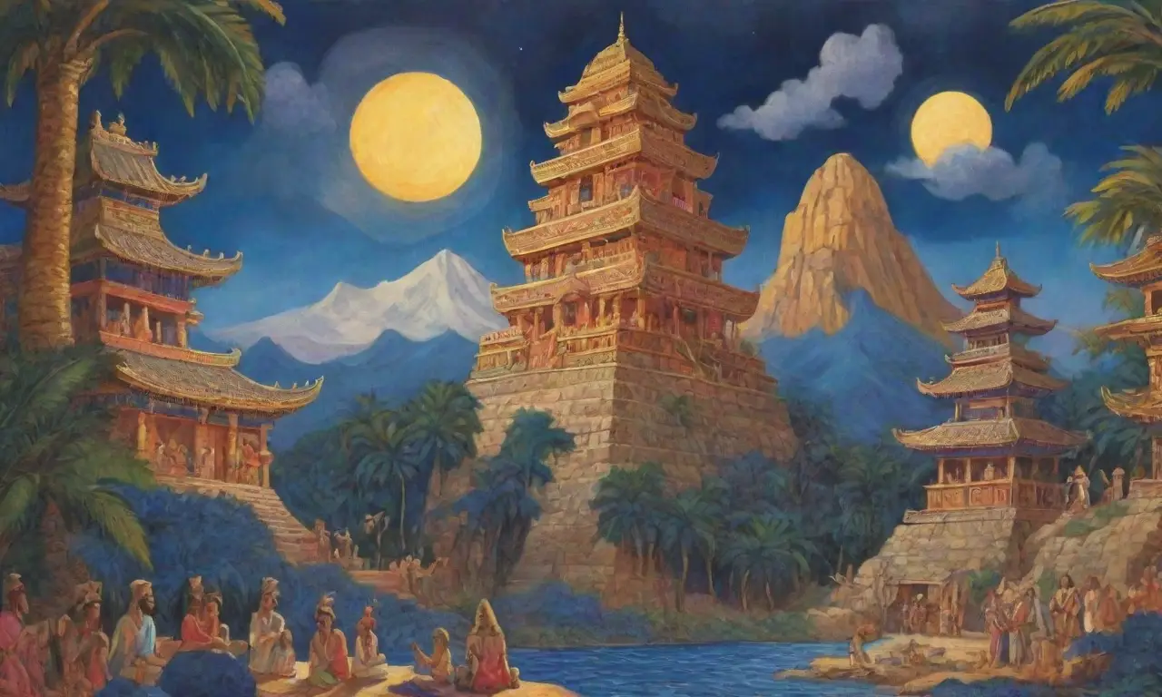 Un vibrante paisaje de colores, símbolos sagrados y escenas culturales que evocan asombro y reverencia