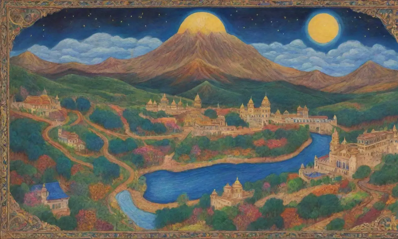 Un paisaje persa vibrante lleno de montañas, castillos, guerreros, criaturas míticas y una rica herencia cultural