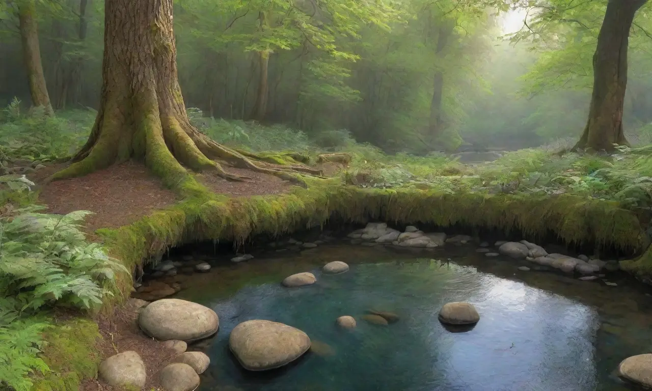 Un bosque brumoso con árboles antiguos