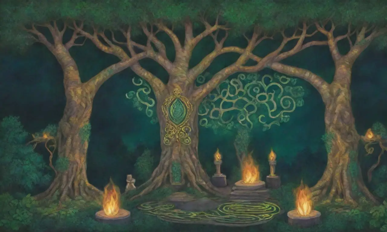 Un tapiz vibrante de deidades entrelazadas, símbolos celestiales y runas antiguas en un bosque brumoso bajo la luz de la luna