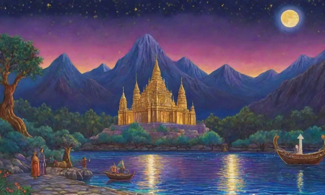 Un paisaje mágico con cielos vibrantes, montañas, deidades míticas y arte antiguo