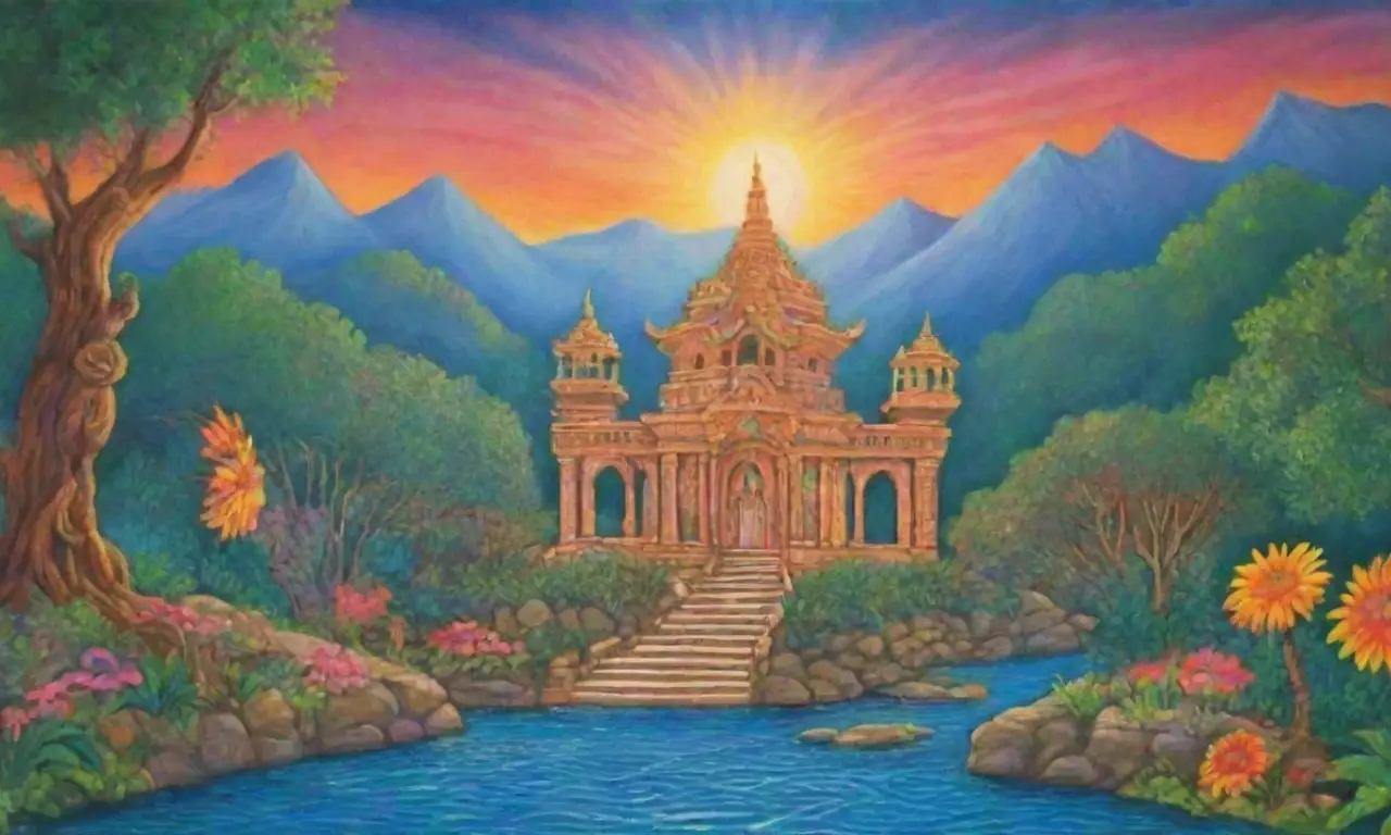 Un paisaje mágico y vibrante lleno de colores, mitología y naturaleza