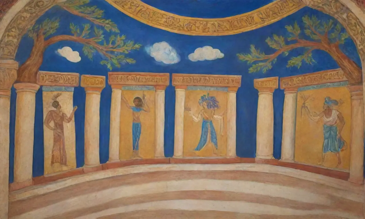 Máscaras griegas antiguas, colores vibrantes y ecos de historias en un teatro