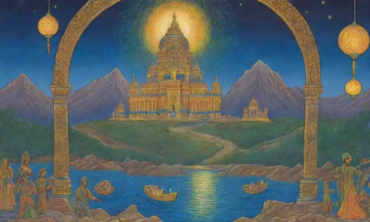 Un paisaje místico de Persia con símbolos sagrados