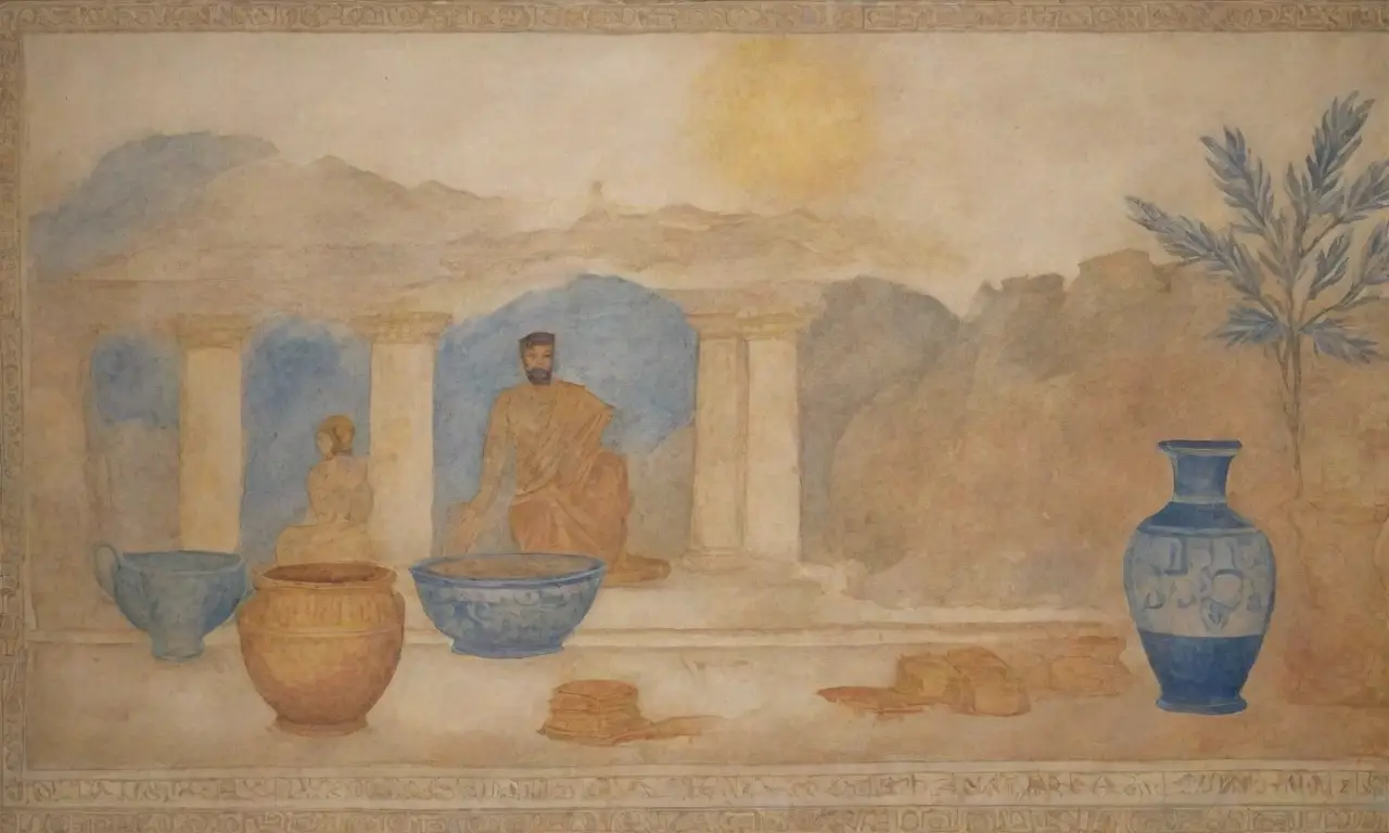 Un ambiente antiguo con pergaminos, estatuas, y ecos de sabiduría