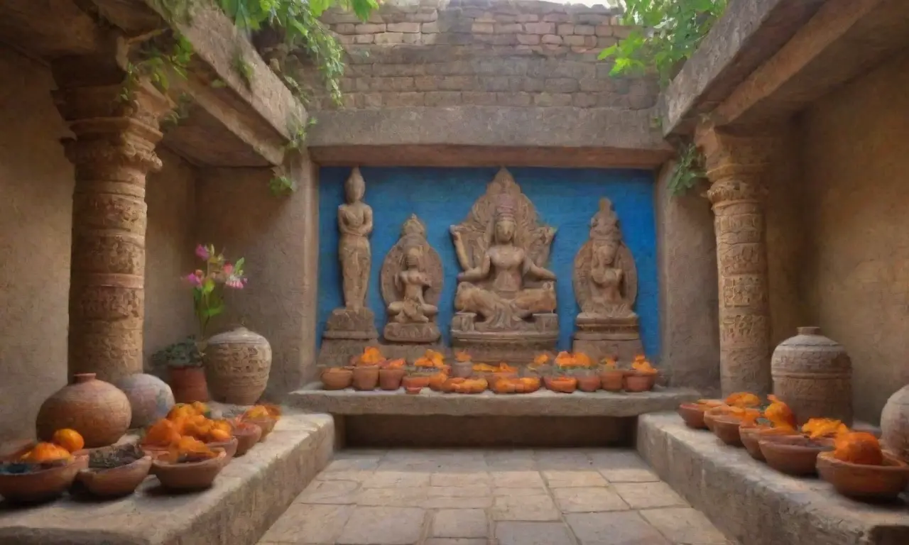 Un templo antiguo lleno de arte, ofrendas y un ambiente sagrado