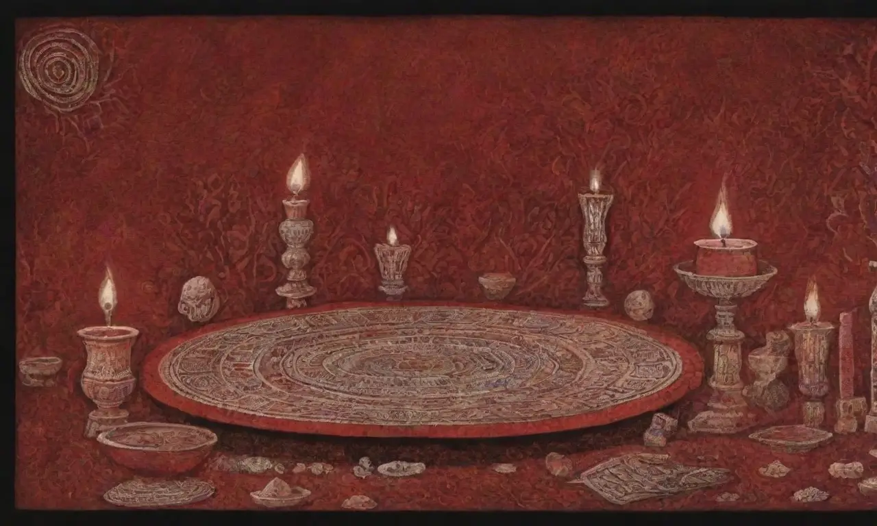 Un altar ritual adornado con símbolos antiguos, huesos, hierbas y un aire de tradición y misterio