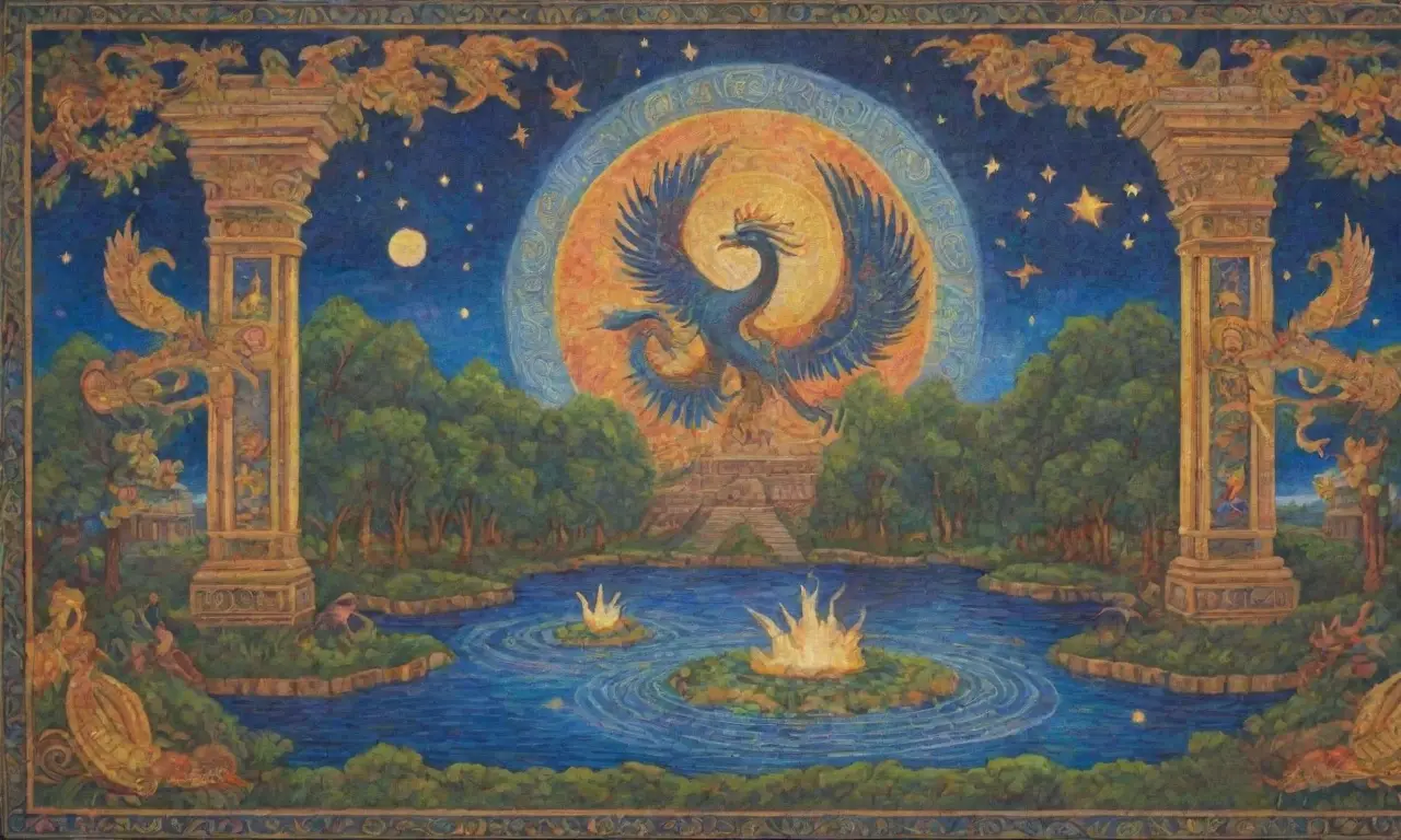 Un tapiz vibrante de colores y símbolos antiguos, con un fénix y una serpiente, rodeado de naturaleza y mitología
