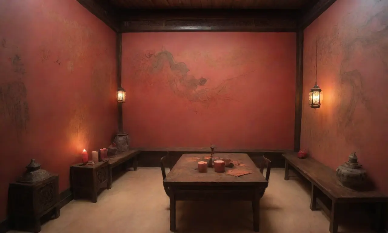 Una habitación tenue con sombras, caligrafía china, figuras fantasmales, luces suaves, antigüedades y un aire de misterio