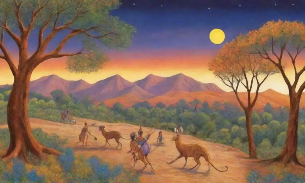 Un paisaje vibrante que celebra la conexión ancestral con la naturaleza y la vida silvestre