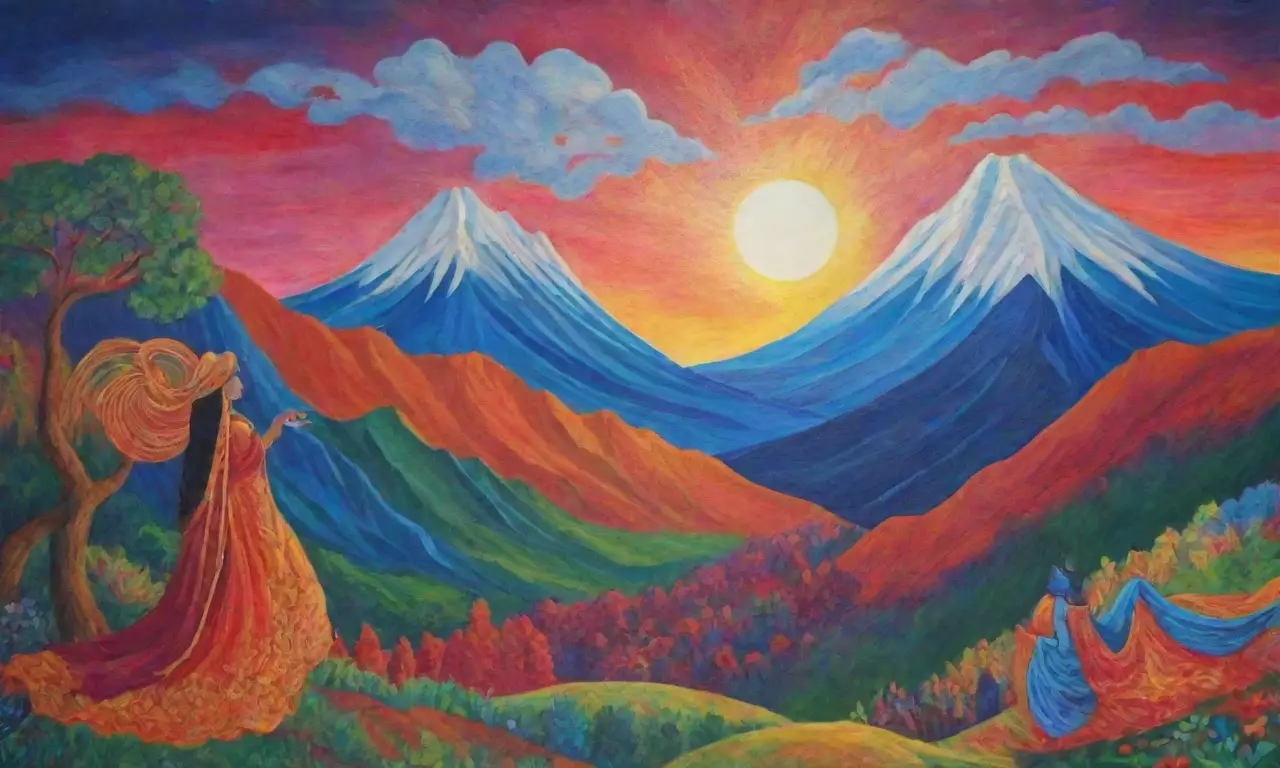 Un mural vibrante que captura amor y sacrificio en colores intensos y paisajes majestuosos