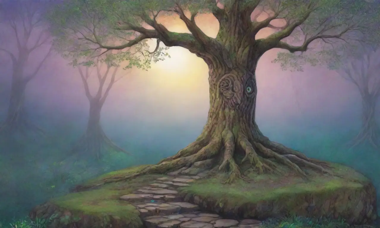 Un bosque místico con árboles antiguos, musgo suave, niebla etérea, cuchillas plateadas, flores vibrantes y un altar desgastado, todo impregnado de magia y historia