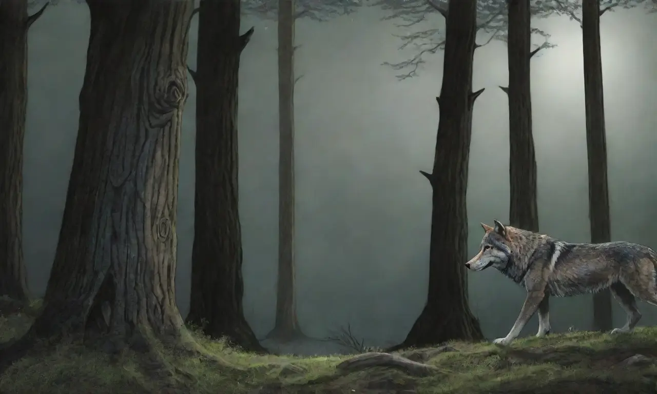 Un lobo solitario vigila en un bosque oscuro y místico, donde la naturaleza y el mito se entrelazan