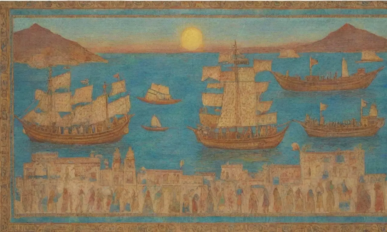 Un tapiz de historia antigua con dioses fenicios, barcos, templos y rutas comerciales