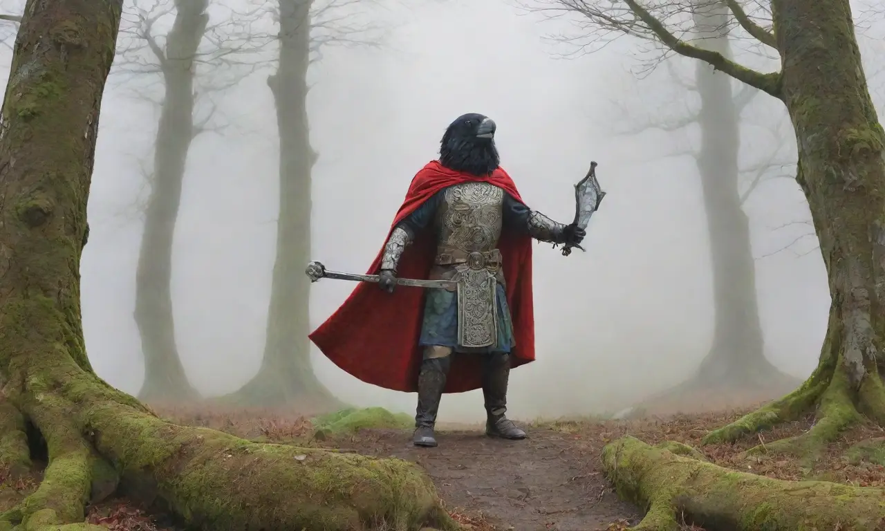 Un guerrero en armadura de bronce con capa roja se encuentra en un bosque brumoso