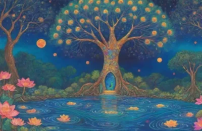 Un paisaje vibrante y místico refleja la belleza y la armonía de la vida