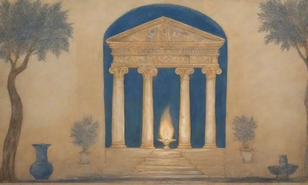 Un fondo antiguo con pergaminos, templos griegos, filósofos, scrolls, luz cálida y un aire de sabiduría atemporal