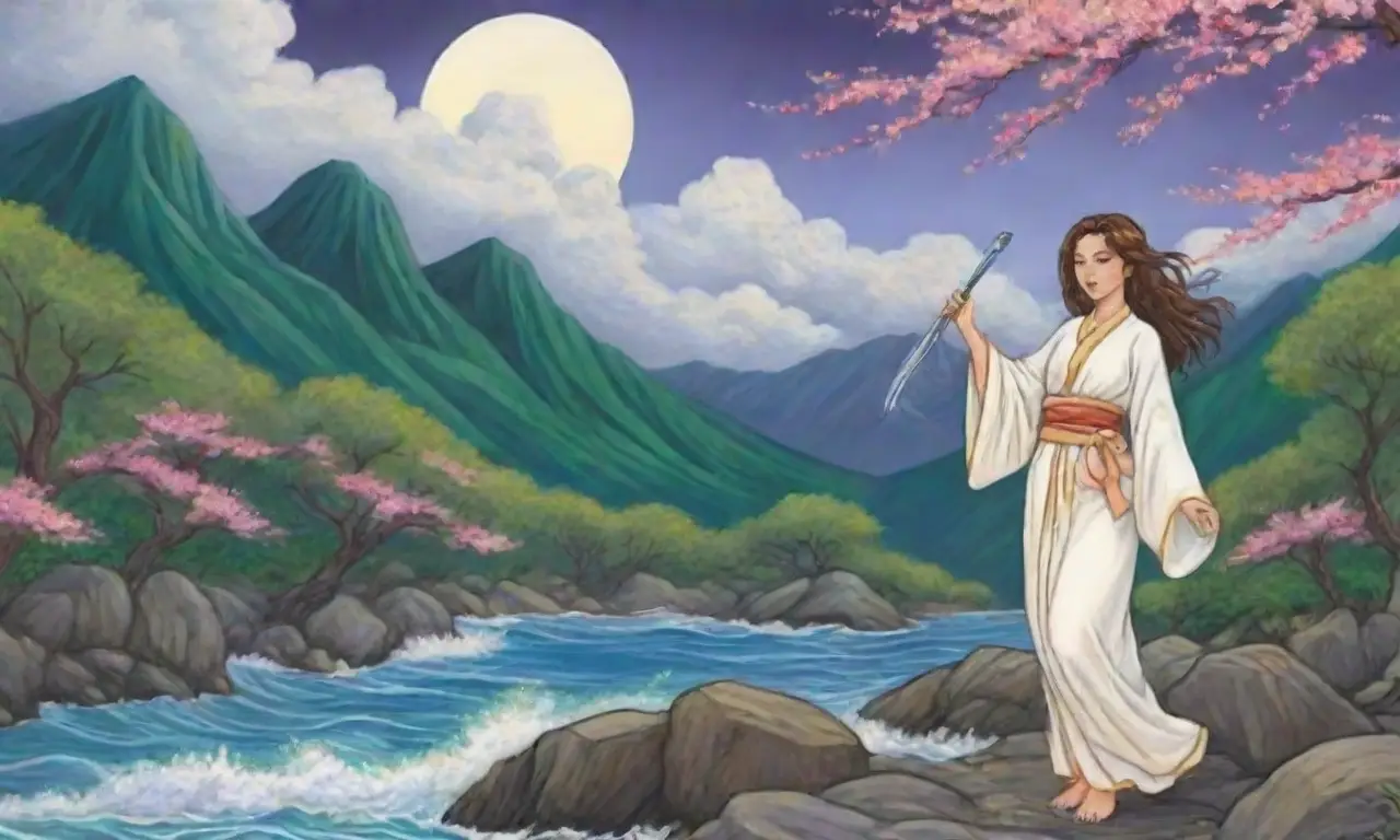 Un paisaje vibrante con Amaterasu y Susanoo en un equilibrio de armonía y caos