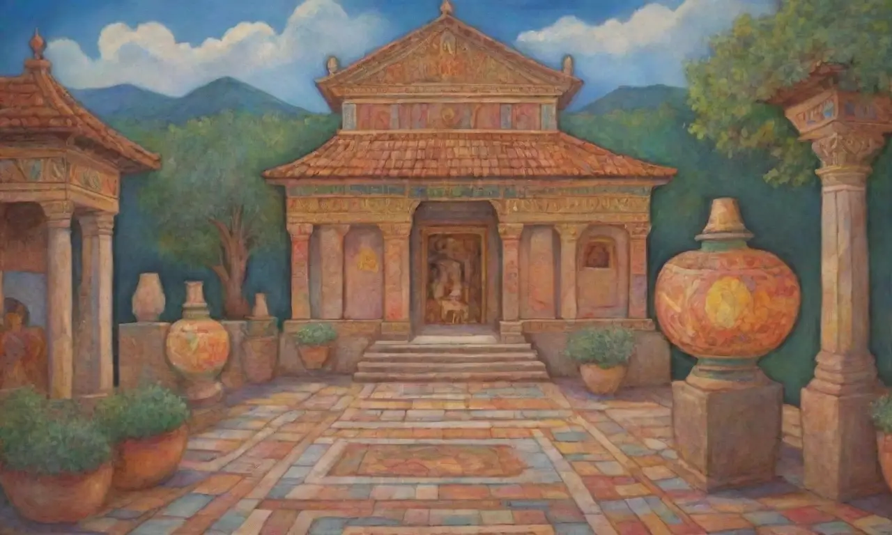Templo etrusco antiguo con frescos intrincados, altares sagrados y una atmósfera etérea