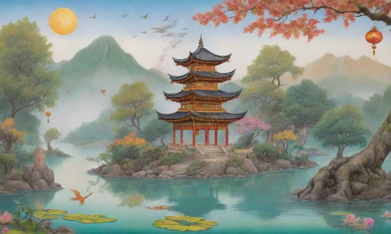 Un paisaje sereno con montañas, ríos, flores, un sabio y un dragón en un entorno lleno de historia