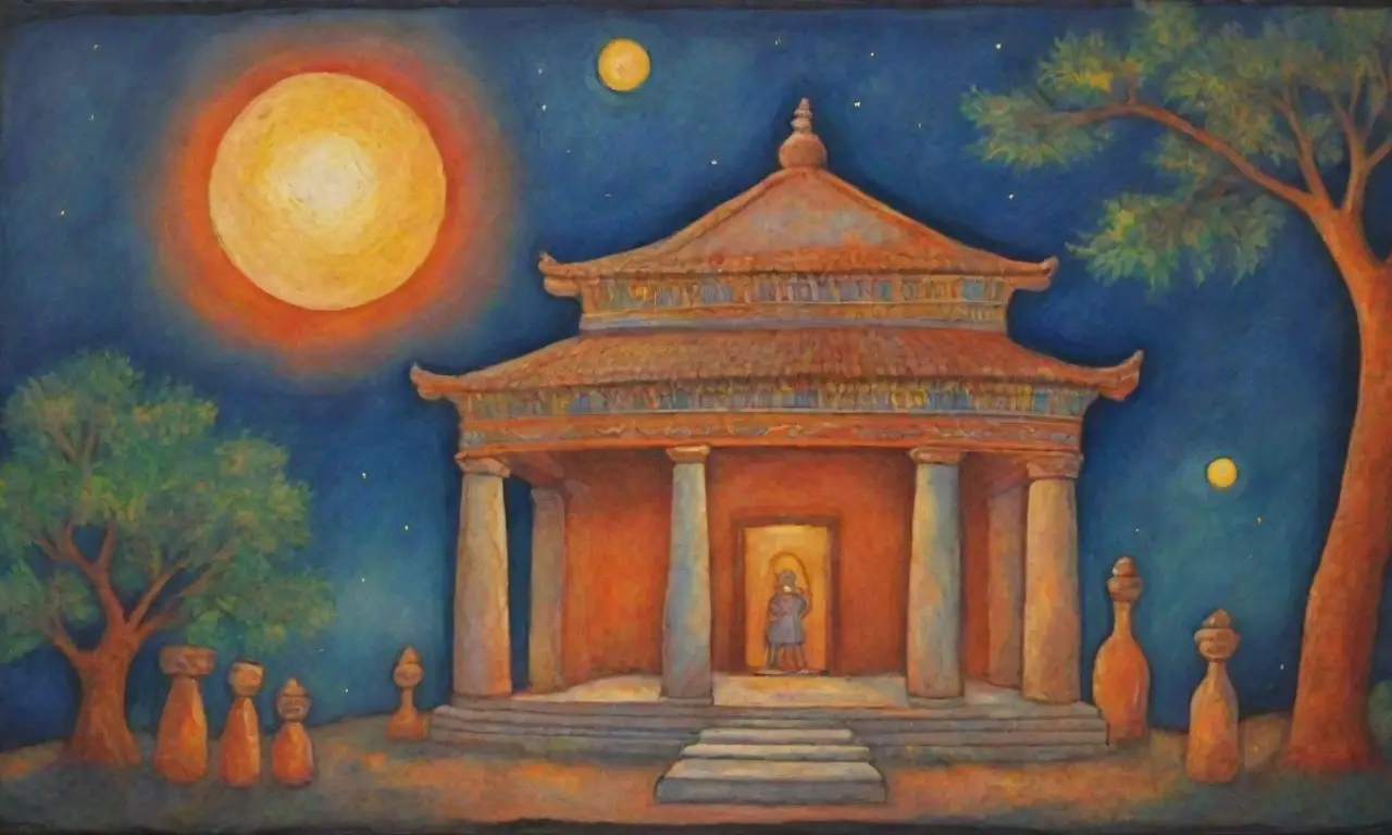 Templos etruscos con frescos vibrantes y figuras divinas en paisajes exuberantes