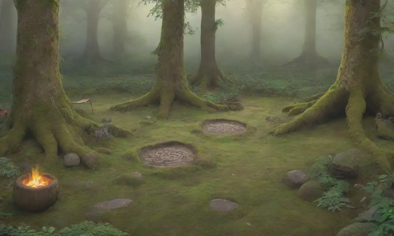 Un bosque mágico con árboles antiguos