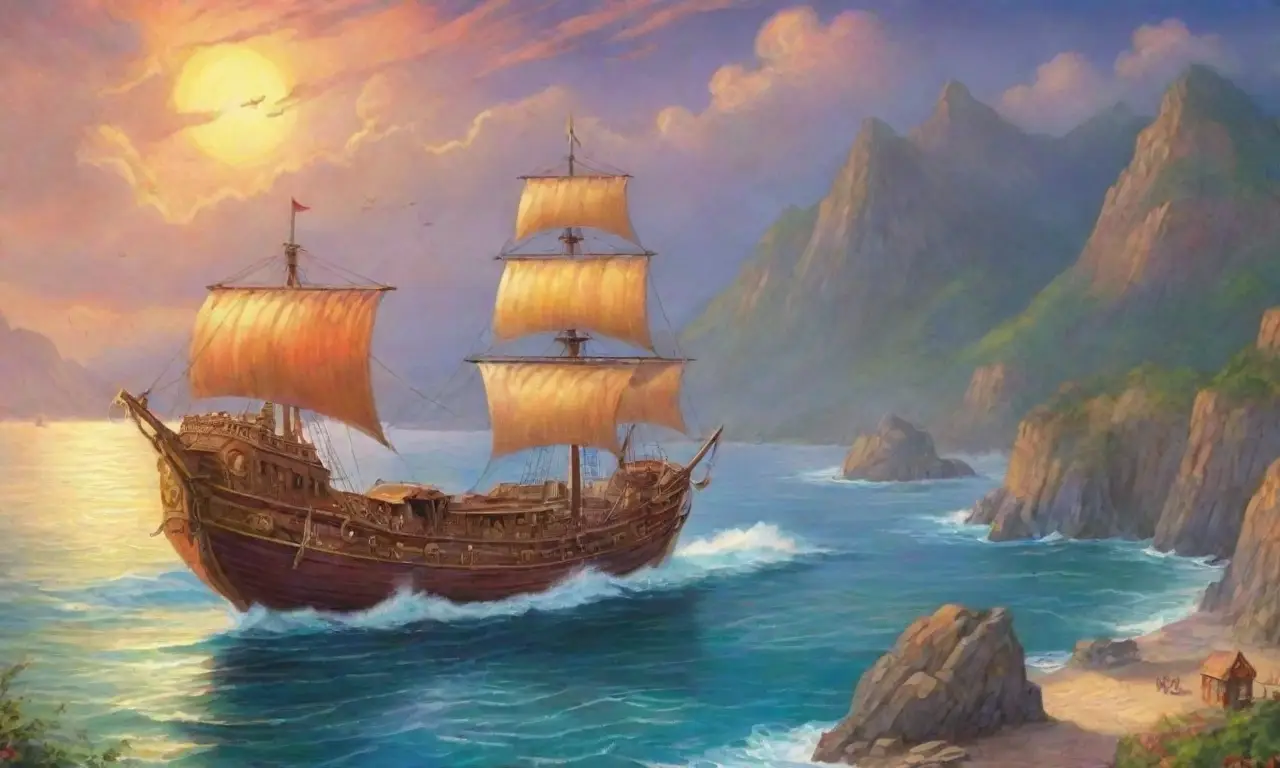 Una escena épica de aventura con barcos, héroes, criaturas míticas y tesoros en un paisaje vibrante