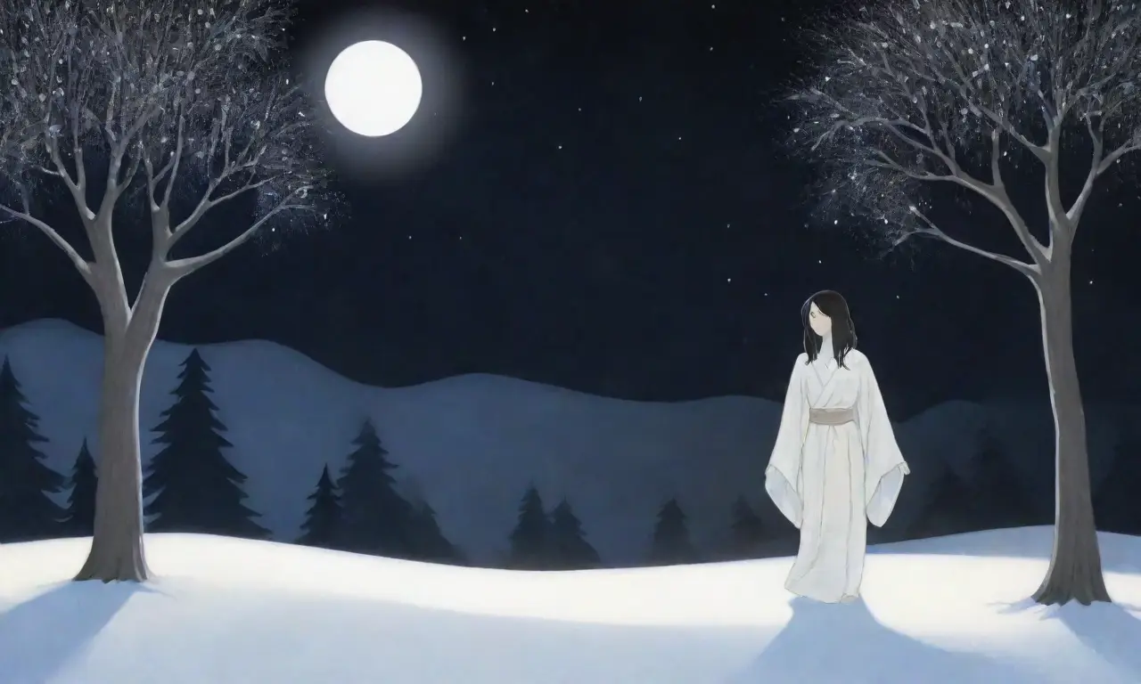 Un paisaje invernal sereno y misterioso, donde la leyenda de Yuki-Onna cobra vida entre la nieve y las sombras