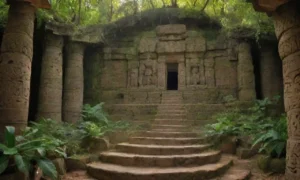 Selva verde vibrante con templos antiguos