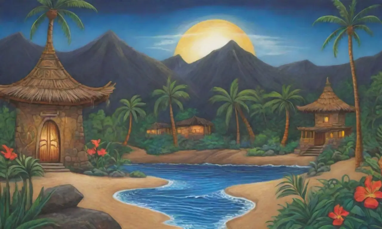 Un mural vibrante refleja la rica herencia hawaiana en un paisaje de montañas verdes, océano brillante y símbolos antiguos
