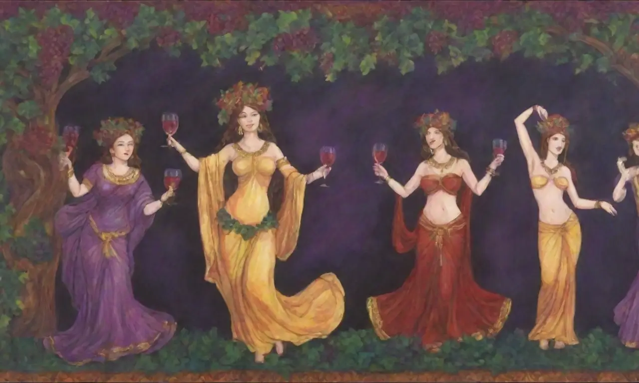 Un vibrante escenario de colores, Dionysus, danza, risas y caos en un ambiente festivo