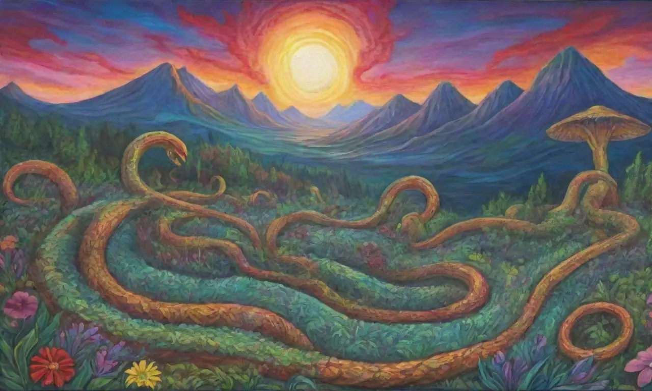 Un paisaje vibrante de serpientes verdes, montañas, flores y un templo, reflejando el ciclo de la vida