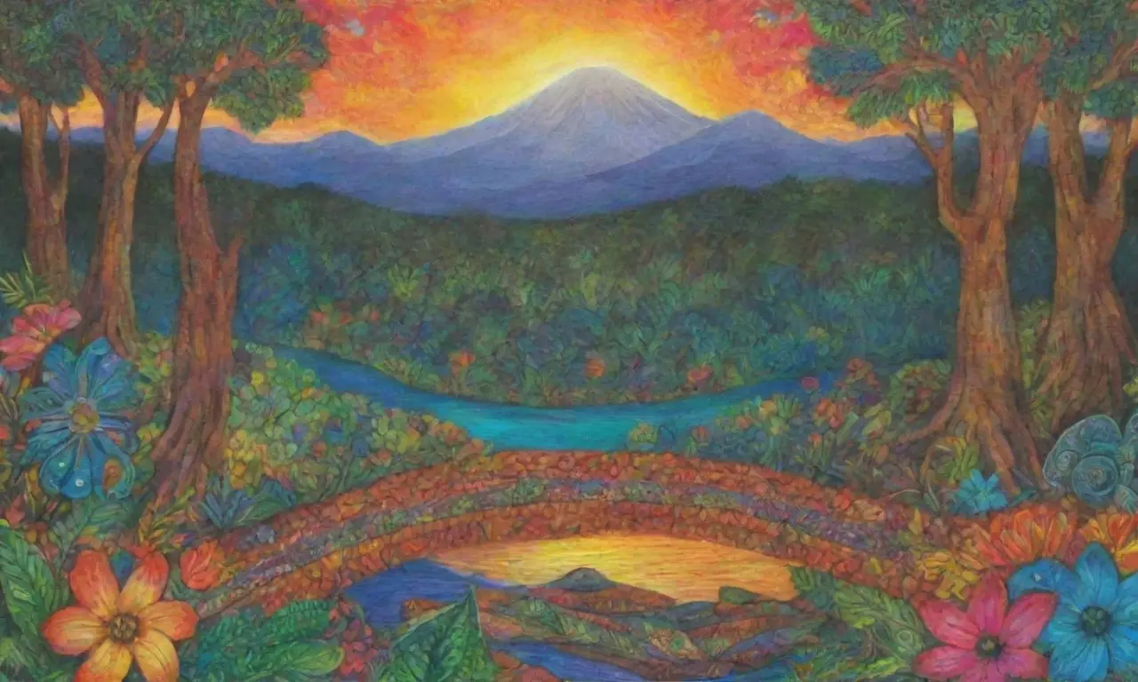 Colores vibrantes y símbolos ancestrales se entrelazan en una jungla llena de vida y espiritualidad